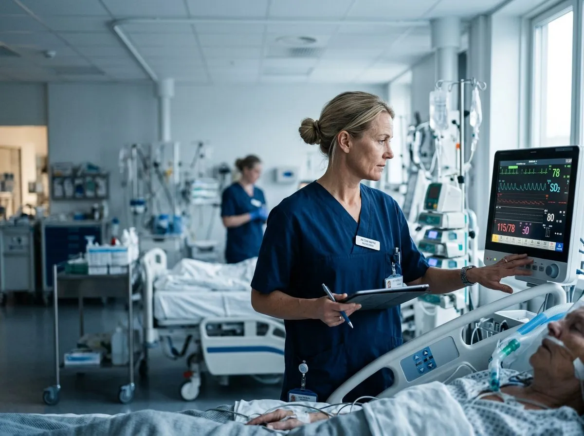 nordic-icu-nurse-bedside Nordic intensive care nurse at a patient’s bedside