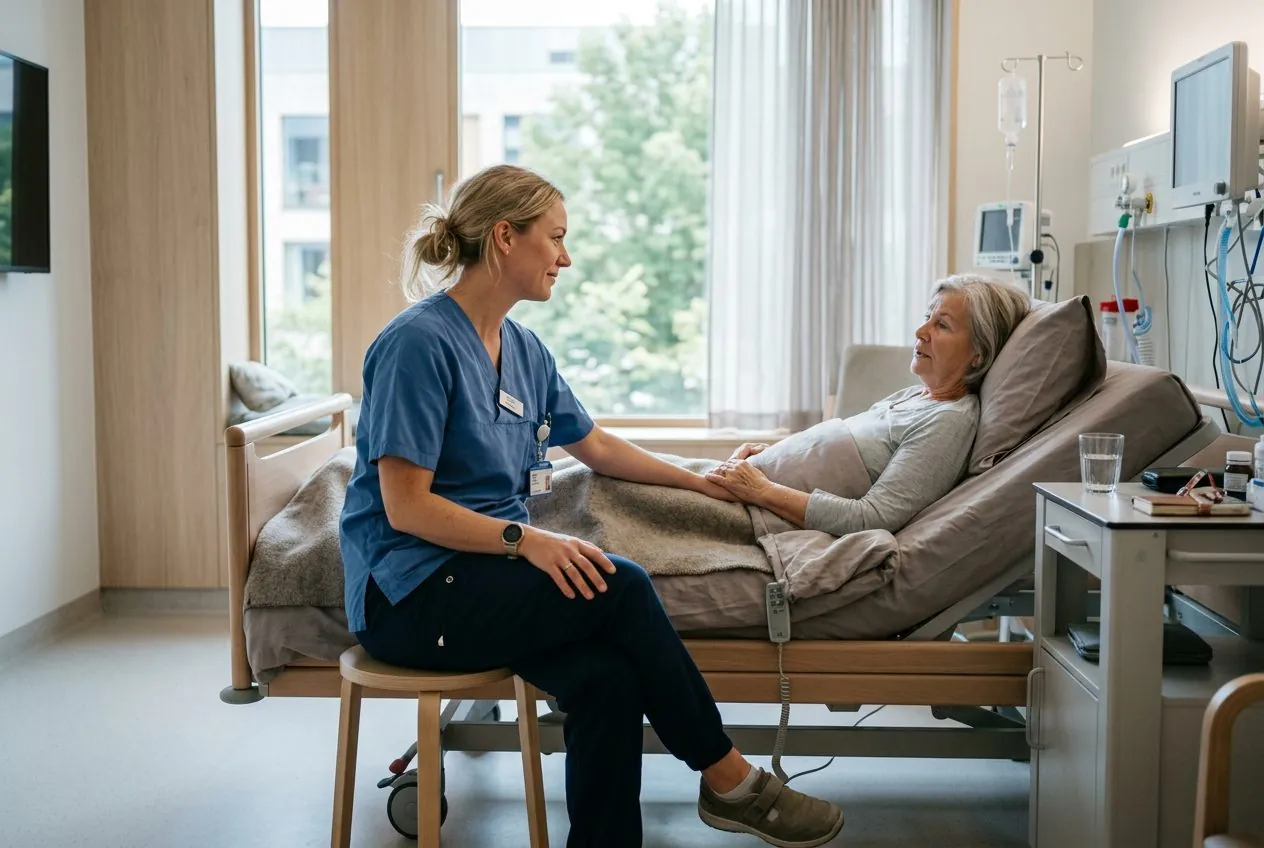 nordic-nurse-patient Nordic nurse talking with a patient in a hospital room